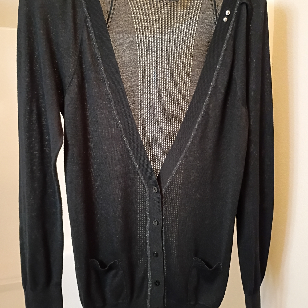 Women's Long Black Silver Jeans Cardigan Sweater XL